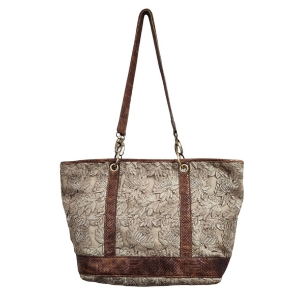 Rare Clever Carriage Company Embroidered lace & Croc Embossed Leather Large Tote - Picture 2 of 16